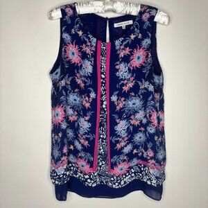 Rose + Olive Women's Blue Pink Floral Boho Keyhole Sleeveless Top Blouse M Lined